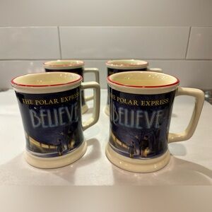 Set Of 4 The Polar Express Believe TRAIN 2D Raised Ceramic Chocolate Coffee Mugs